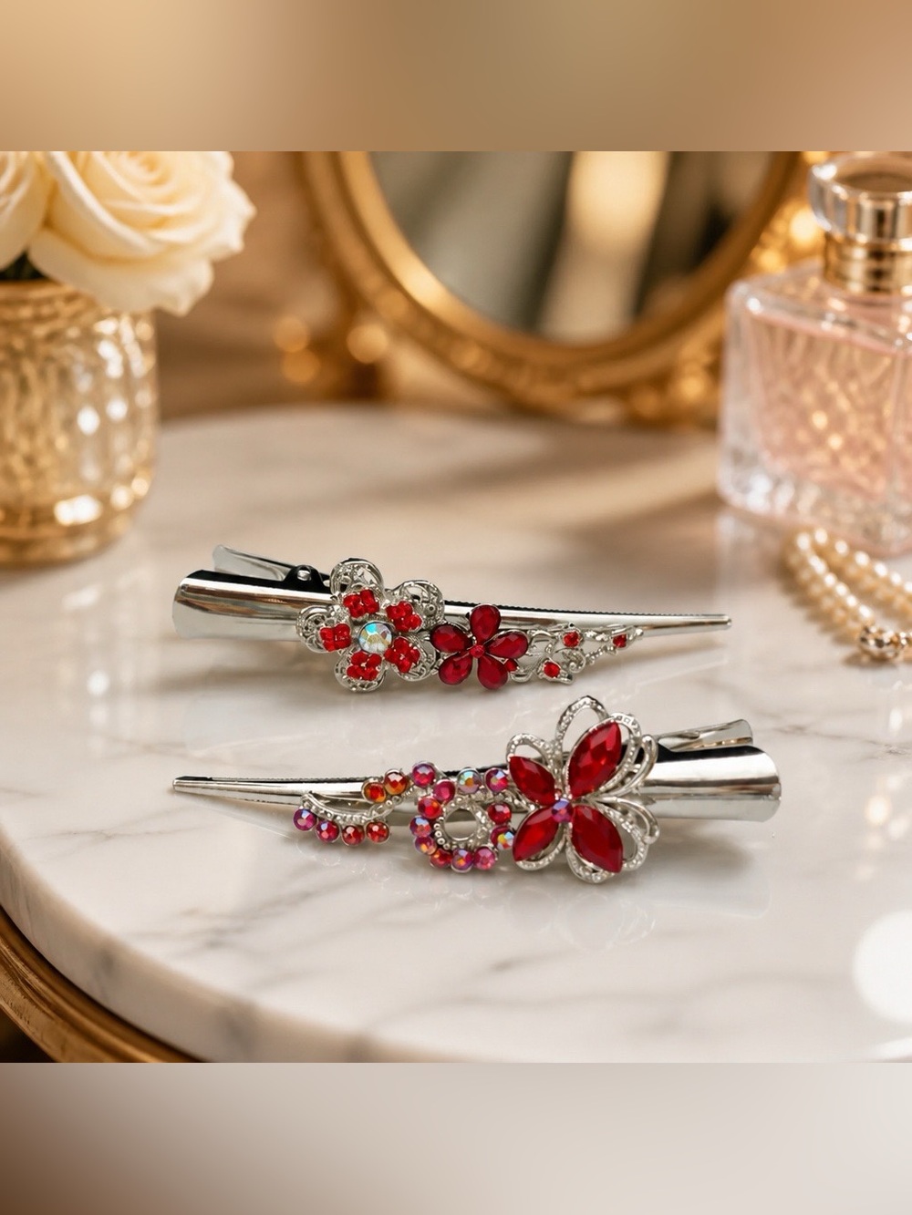 2 Elegant Red Crystal Silver-tone Alligator Hair Clamps